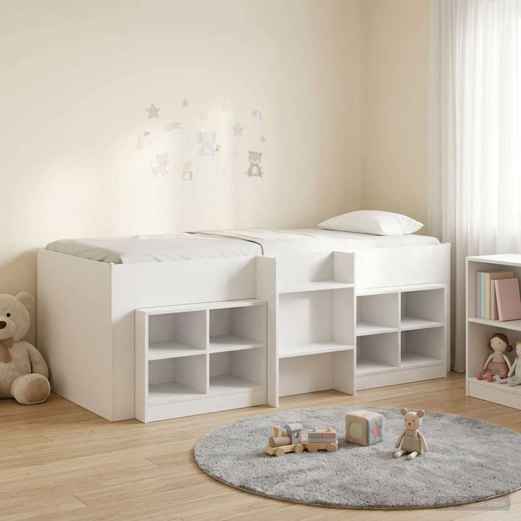 Loft seng ramme med skab med hylde 3 pcs Hvid Konstrueret træ
