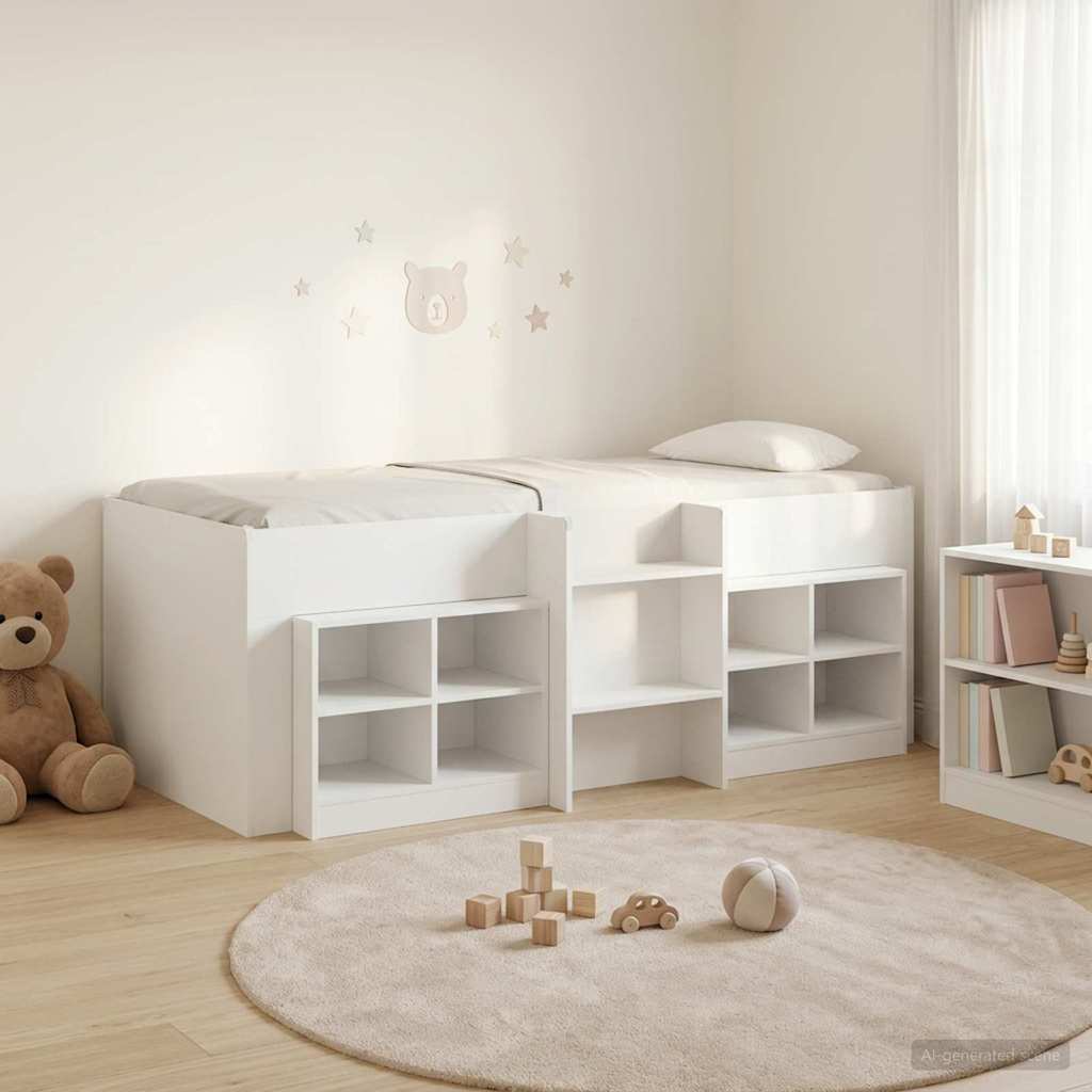 Loft seng ramme med skab med hylde 3 pcs Hvid Konstrueret træ