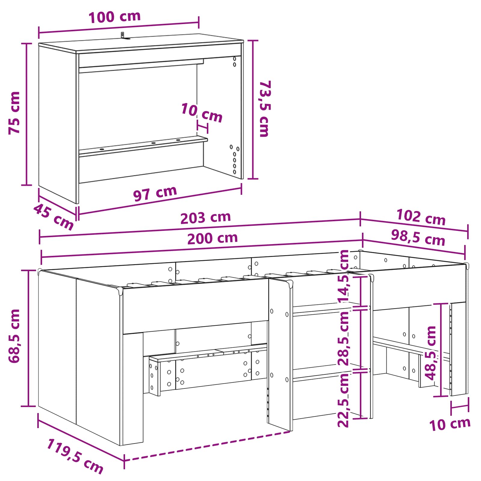 Børneseng med skrivebord Hvid 98,5 x 200 cm Konstrueret træ
