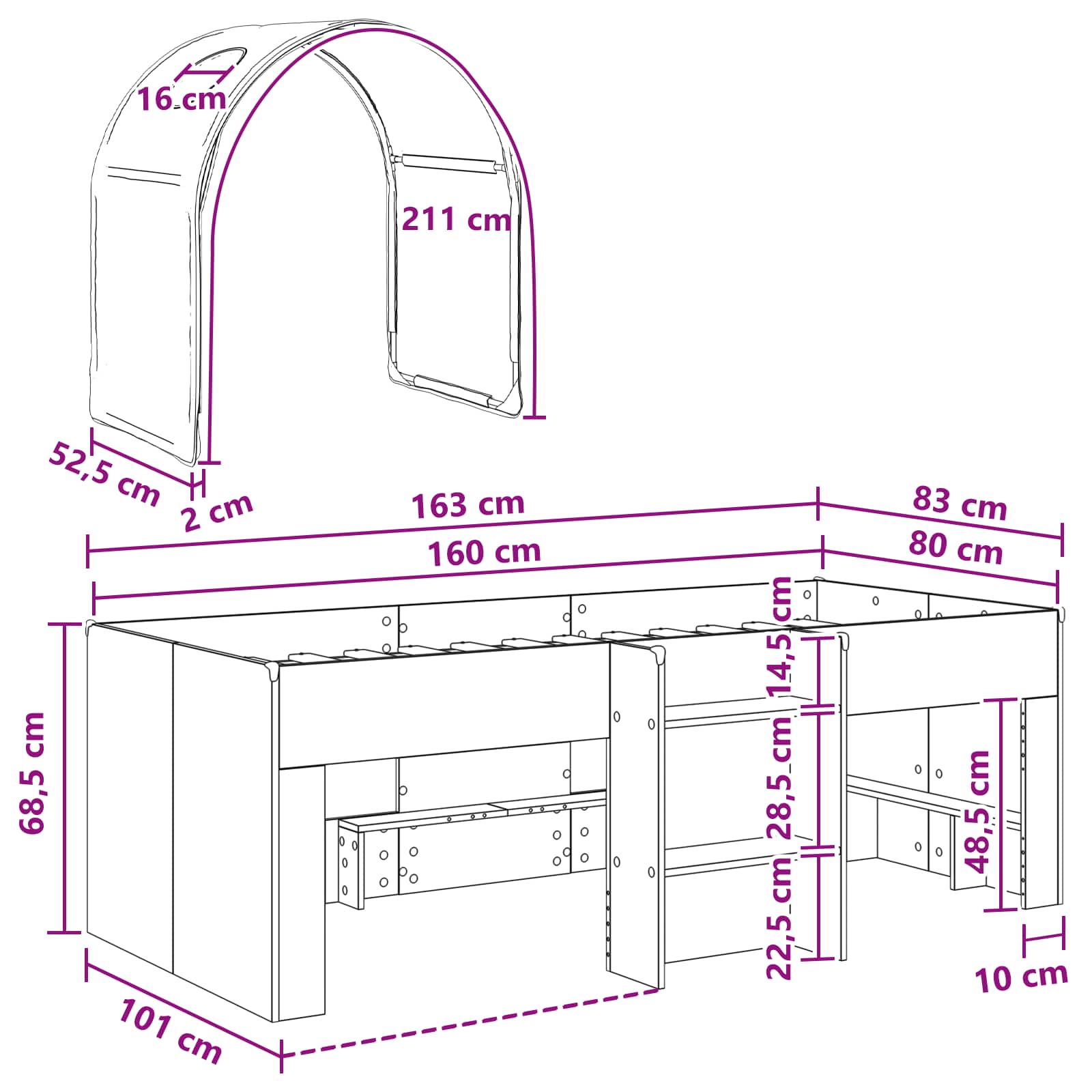 Seng med Tunnel 4 pcs Hvid og blå Konstrueret træ