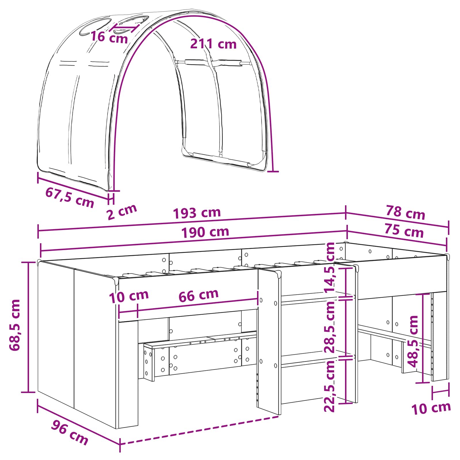 Seng med Tunnel 4 pcs Hvid og lyseblå Konstrueret træ