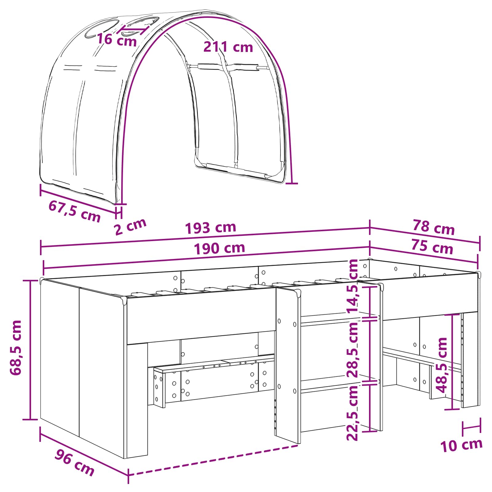 Seng med Tunnel 4 pcs Hvid Konstrueret træ