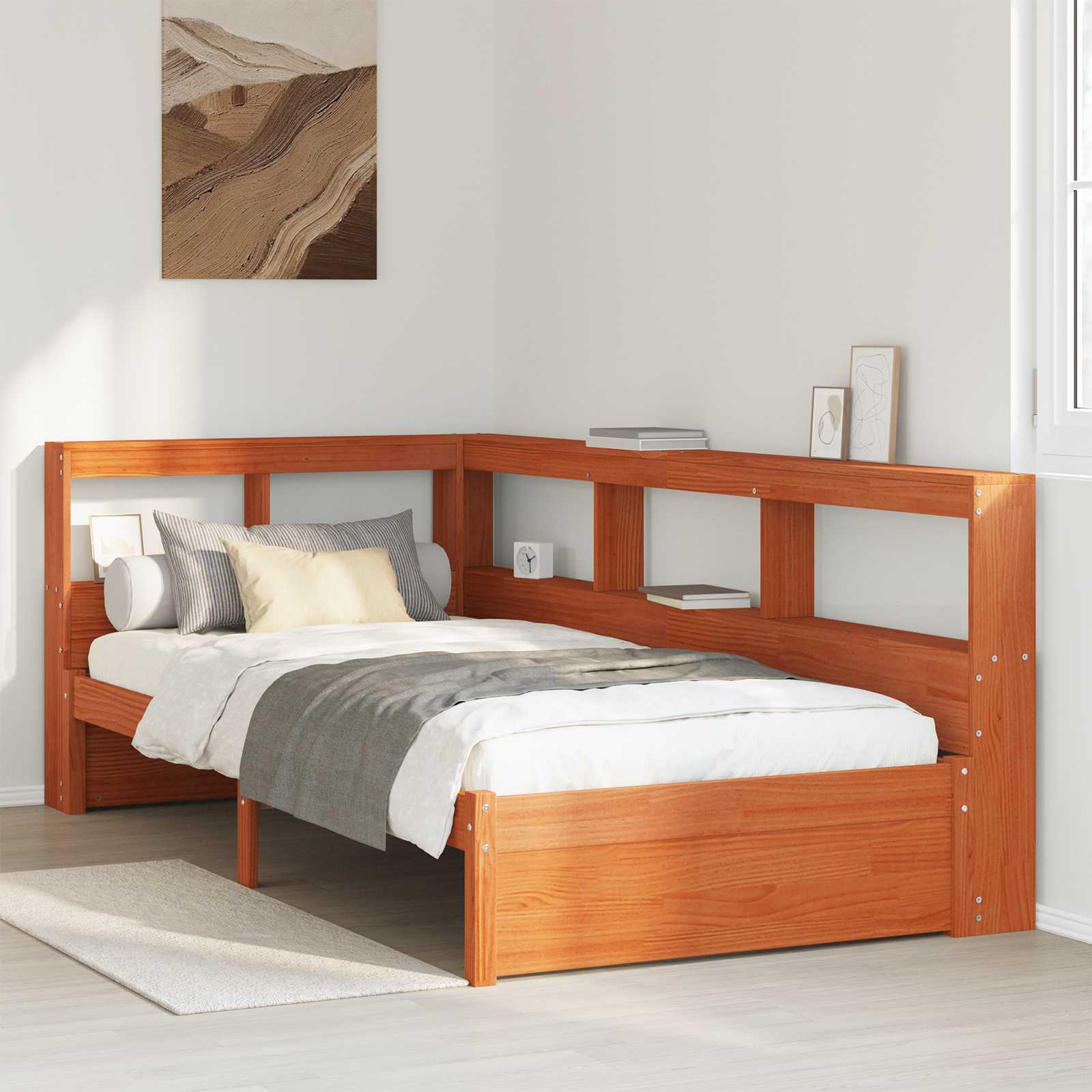 Bogreol-seng med opbevarings-hovedgærde i massivt fyrretræ - 218,5 × 80 × 108,5 cm