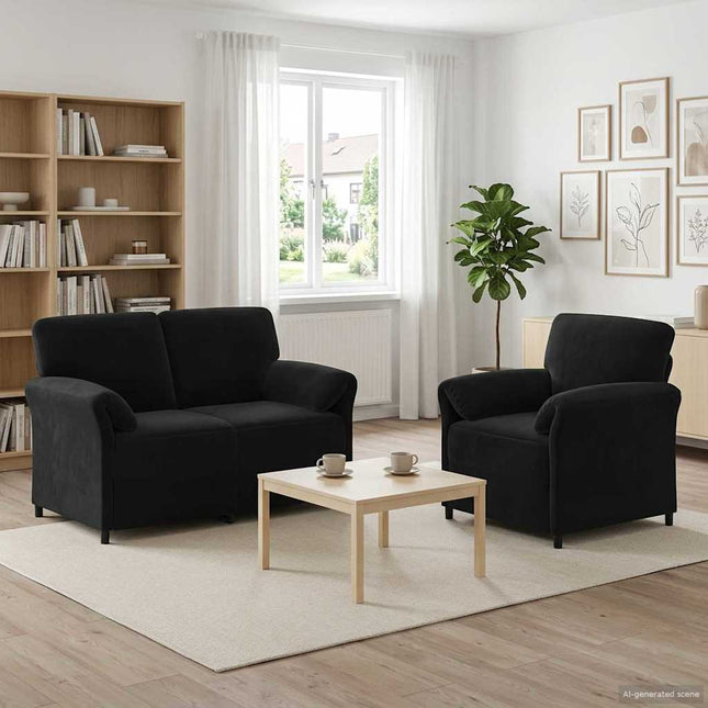 Sofa Sæt 2 stk. Sort Fløjl