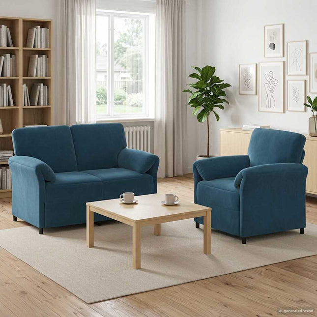 Sofa Sæt 2 stk. Blå Fløjl