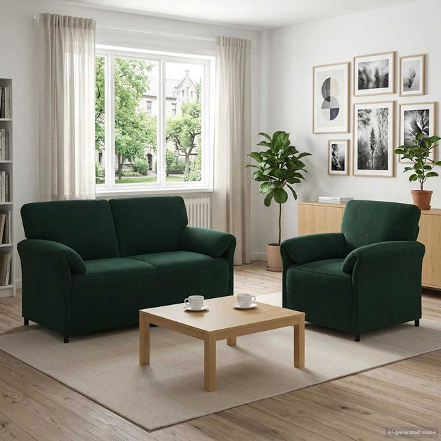 Sofa Sæt 2 stk. Mørkegrøn Fløjl