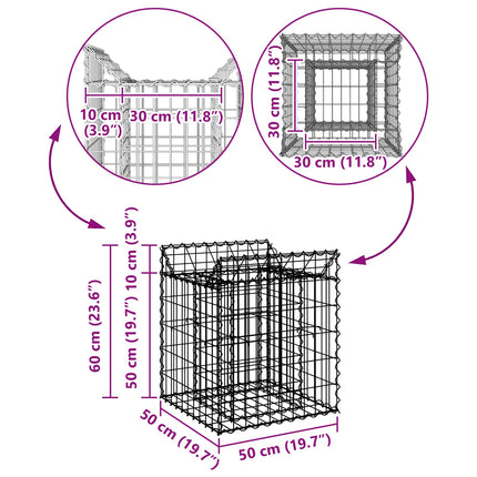 Gabion højbed 50 x 50 x 60 cm Galvaniseret stål Sølv