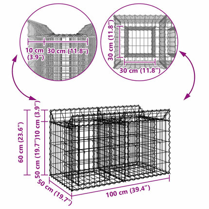 Gabion højbed 100 x 50 x 60 cm Galvaniseret stål Sølv