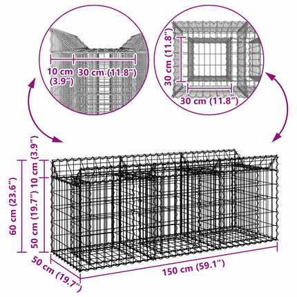 Gabion højbed 150 x 50 x 60 cm Galvaniseret stål Sølv