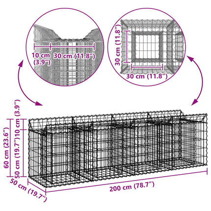 Gabion højbed 200 x 50 x 60 cm Galvaniseret stål Sølv