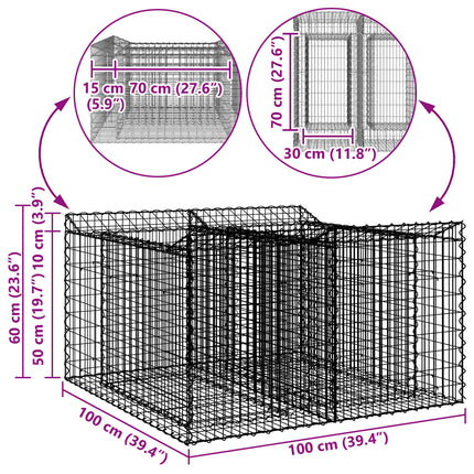 Gabion højbed 100 x 100 x 60 cm Galvaniseret stål Sølv