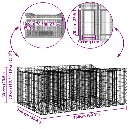 Gabion højbed 150 x 100 x 60 cm Galvaniseret stål Sølv