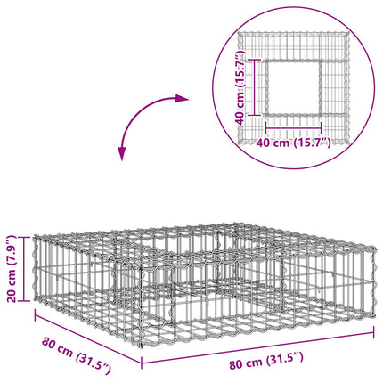 Gabion højbed 80 x 80 x 20 cm Galvaniseret stål Sølv