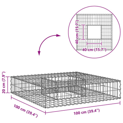 Gabion højbed 100 x 100 x 20 cm Galvaniseret stål Sølv