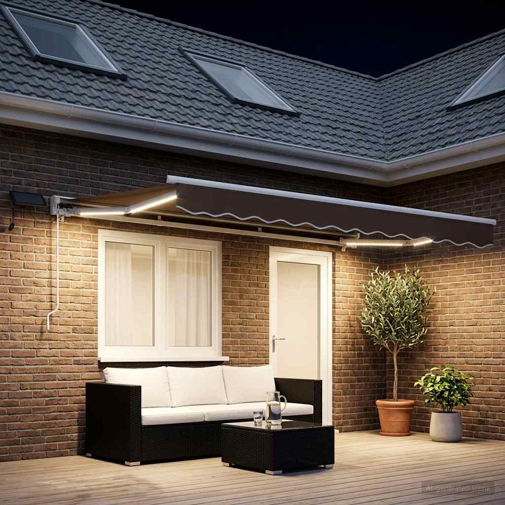 Manuel markise-ramme med LED-lys Gråbrun 4,5 × 3 m