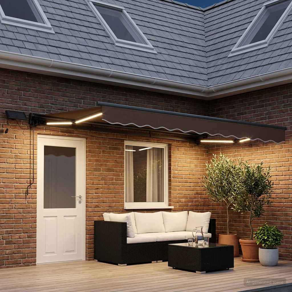 Manuel markise-ramme med LED-lys Gråbrun 4 × 3 m