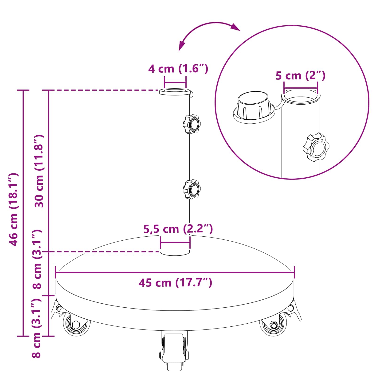 Granitskærm med hjul til 4-5 cm pole 27.2 kg Grå