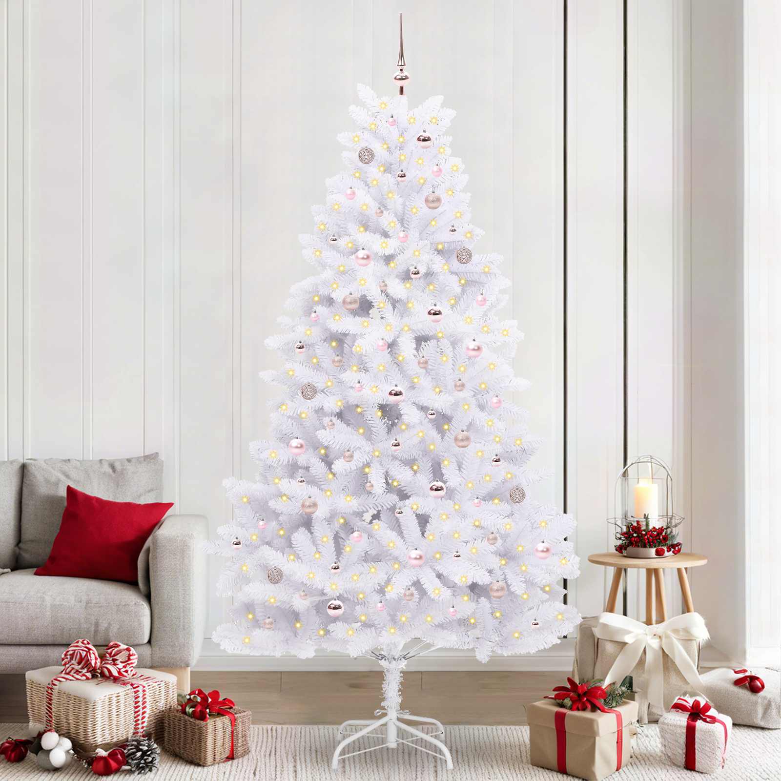 Kunstigt Hinged Juletræ med 300 LED'er Hvid 240 cm PVC og Stål