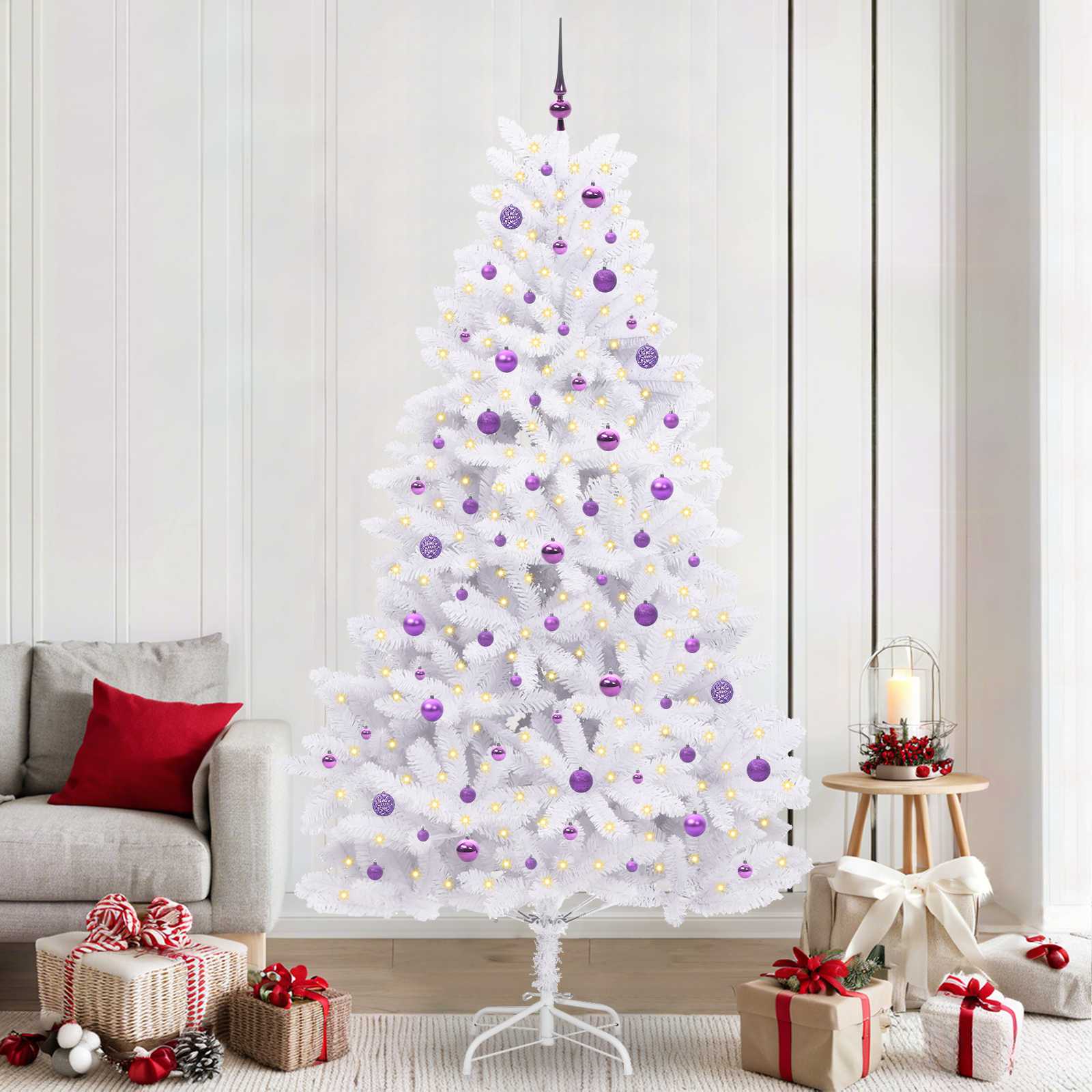 Kunstigt Hinged Juletræ med 300 LED'er Hvid 240 cm PVC og Stål