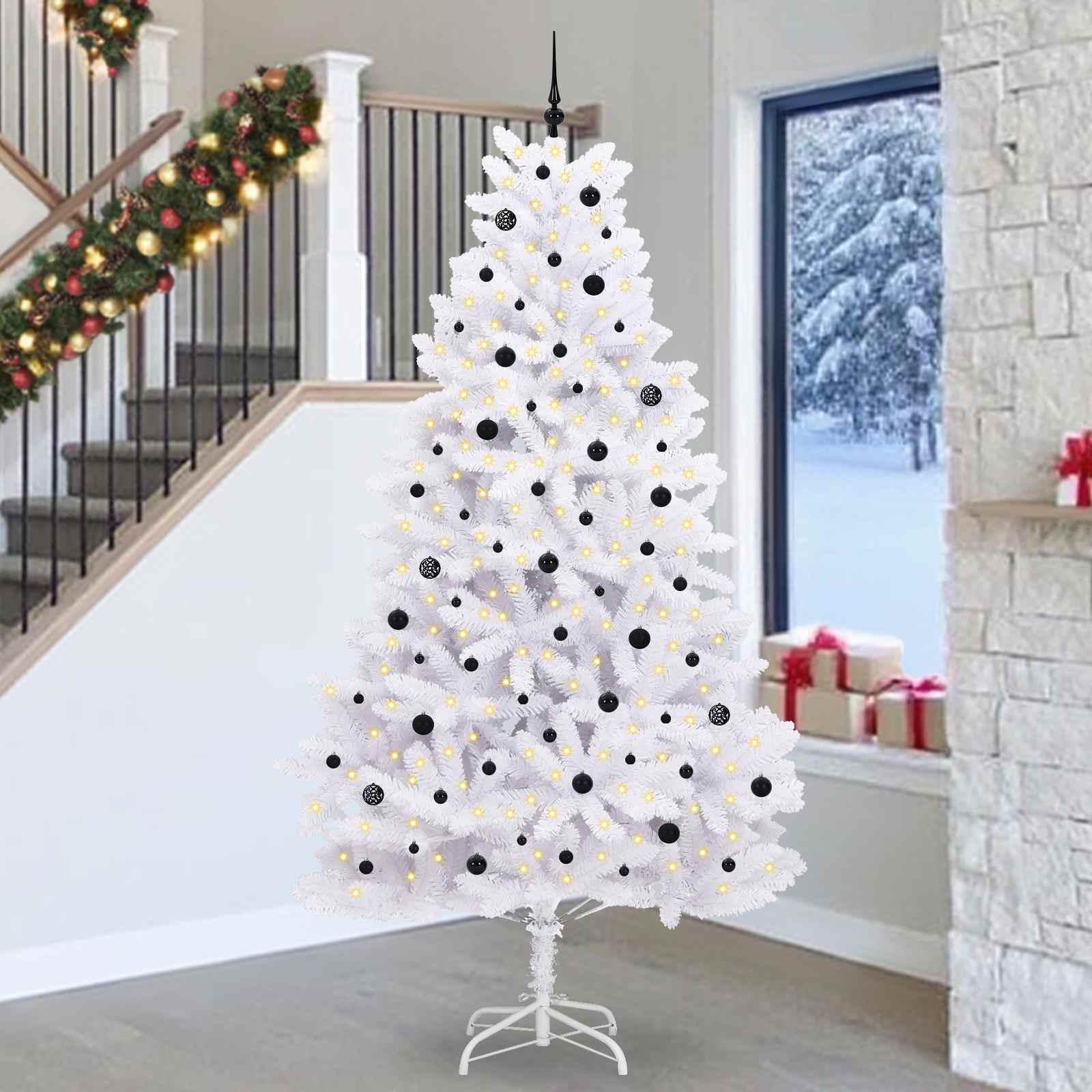 Kunstigt Hinged Juletræ med 300 LED'er Hvid 270 cm PVC og Stål