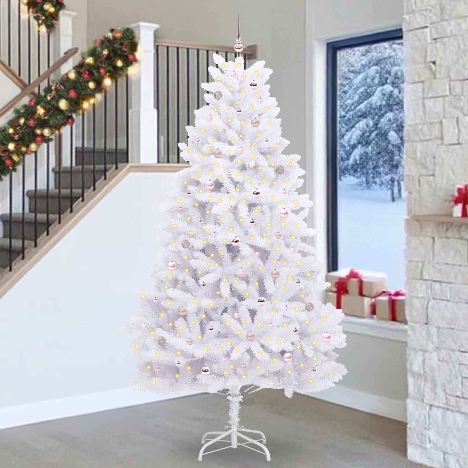 Kunstigt Hinged Juletræ med 300 LED'er Hvid 270 cm PVC og Stål