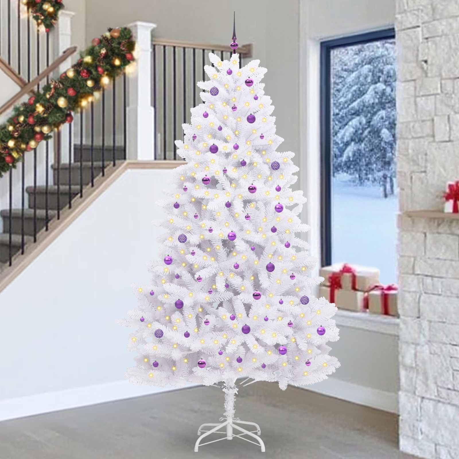 Kunstigt Hinged Juletræ med 300 LED'er Hvid 270 cm PVC og Stål