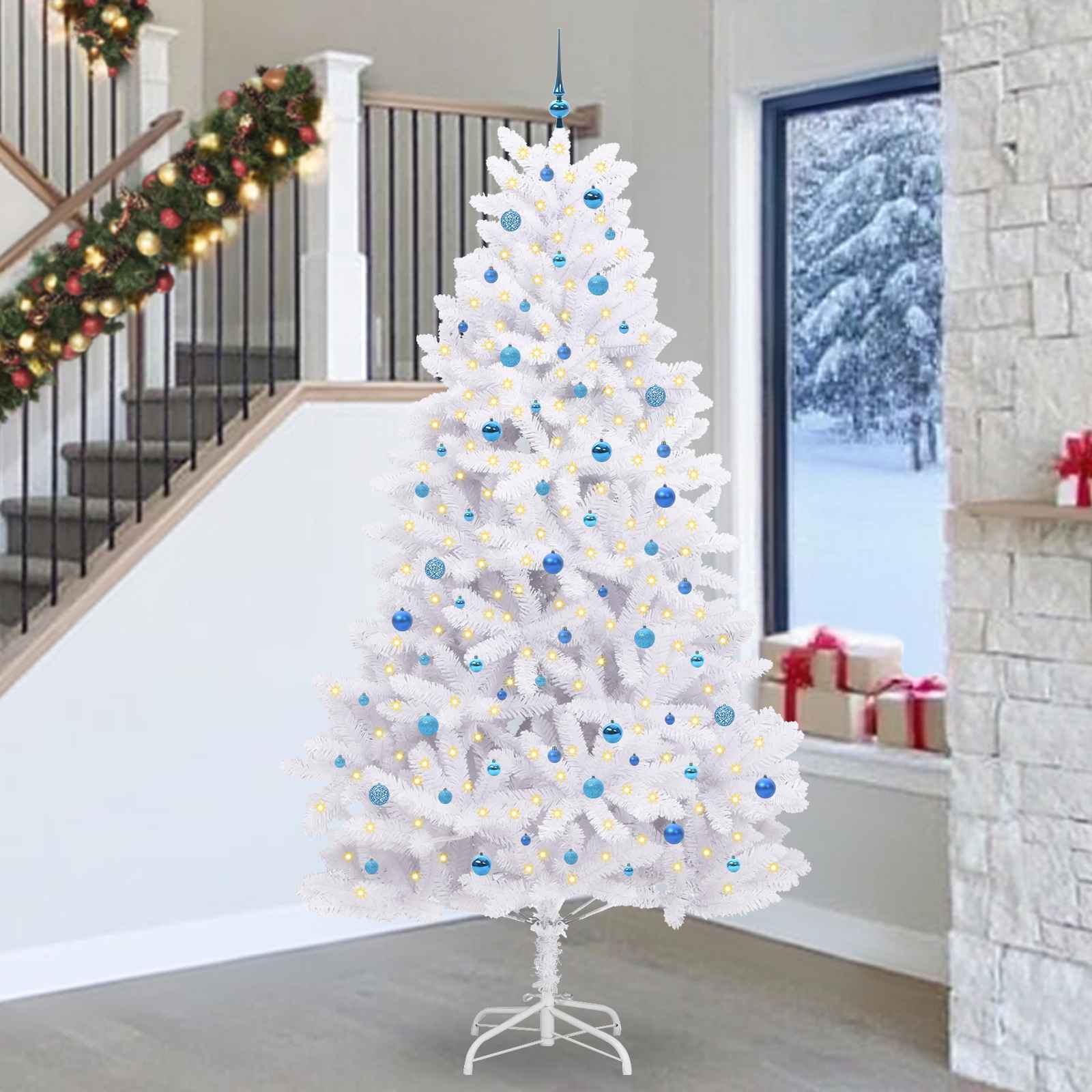 Kunstigt Hinged Juletræ med 300 LED'er Hvid 270 cm PVC og Stål