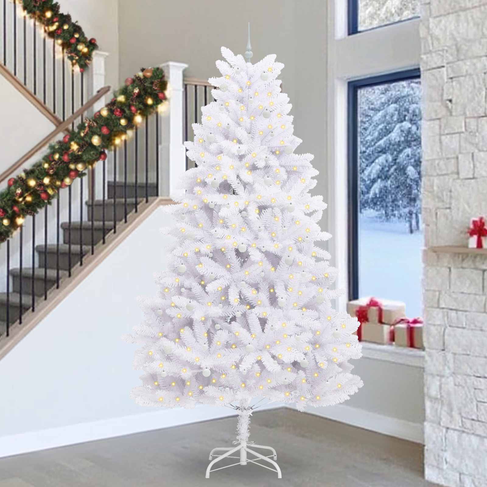 Kunstigt Hinged Juletræ med 300 LED'er Hvid 300 cm PVC og Stål