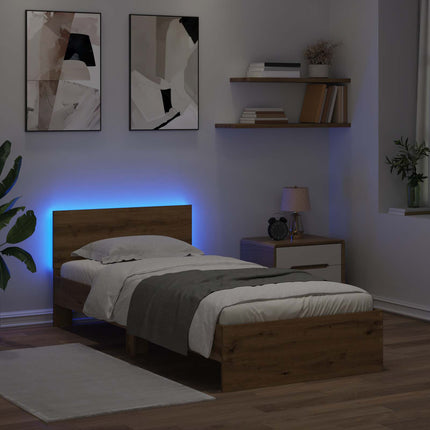 Sengestel med LED-lysstrimler Artisan-eg Konstrueret træ