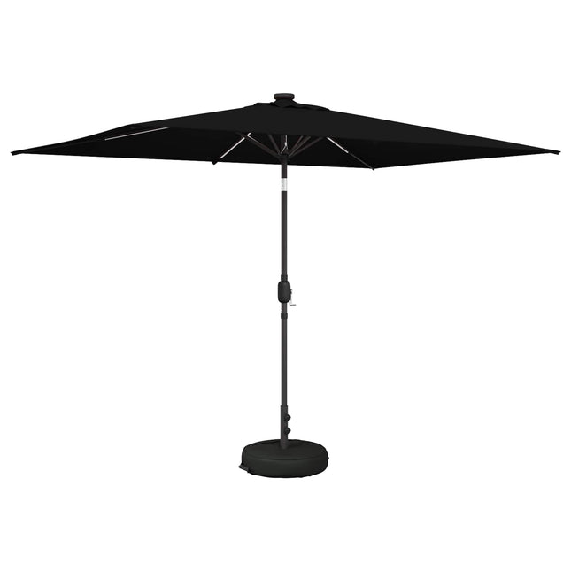 Haveparasol med LED lys og fod 200 x 300 cm Polyester Sort
