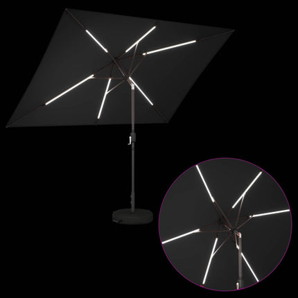 Haveparasol med LED lys og fod 200 x 300 cm Polyester Sort