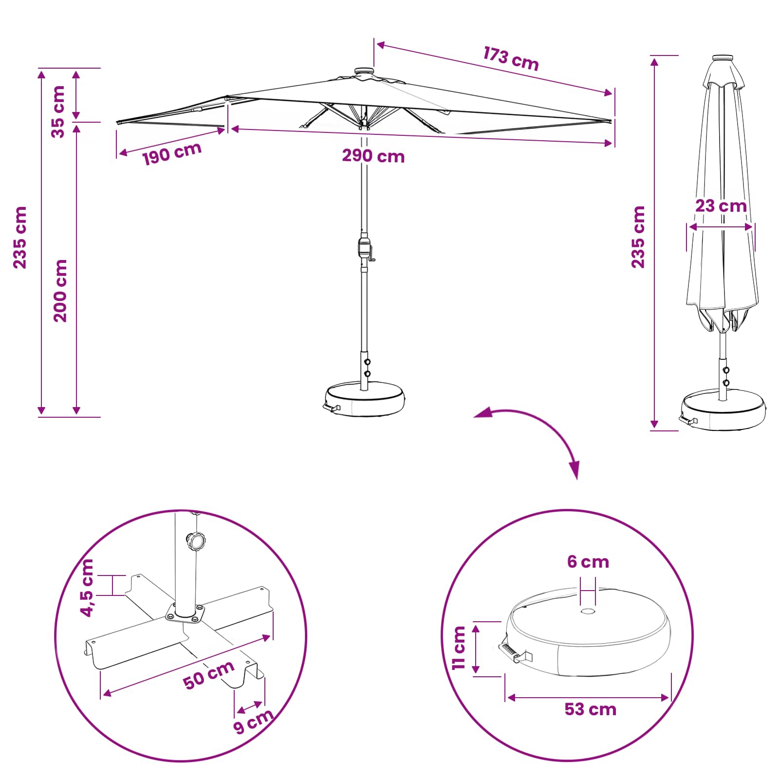 Have Parasol med LED Lygter 200 x 300 cm Polyester Sort