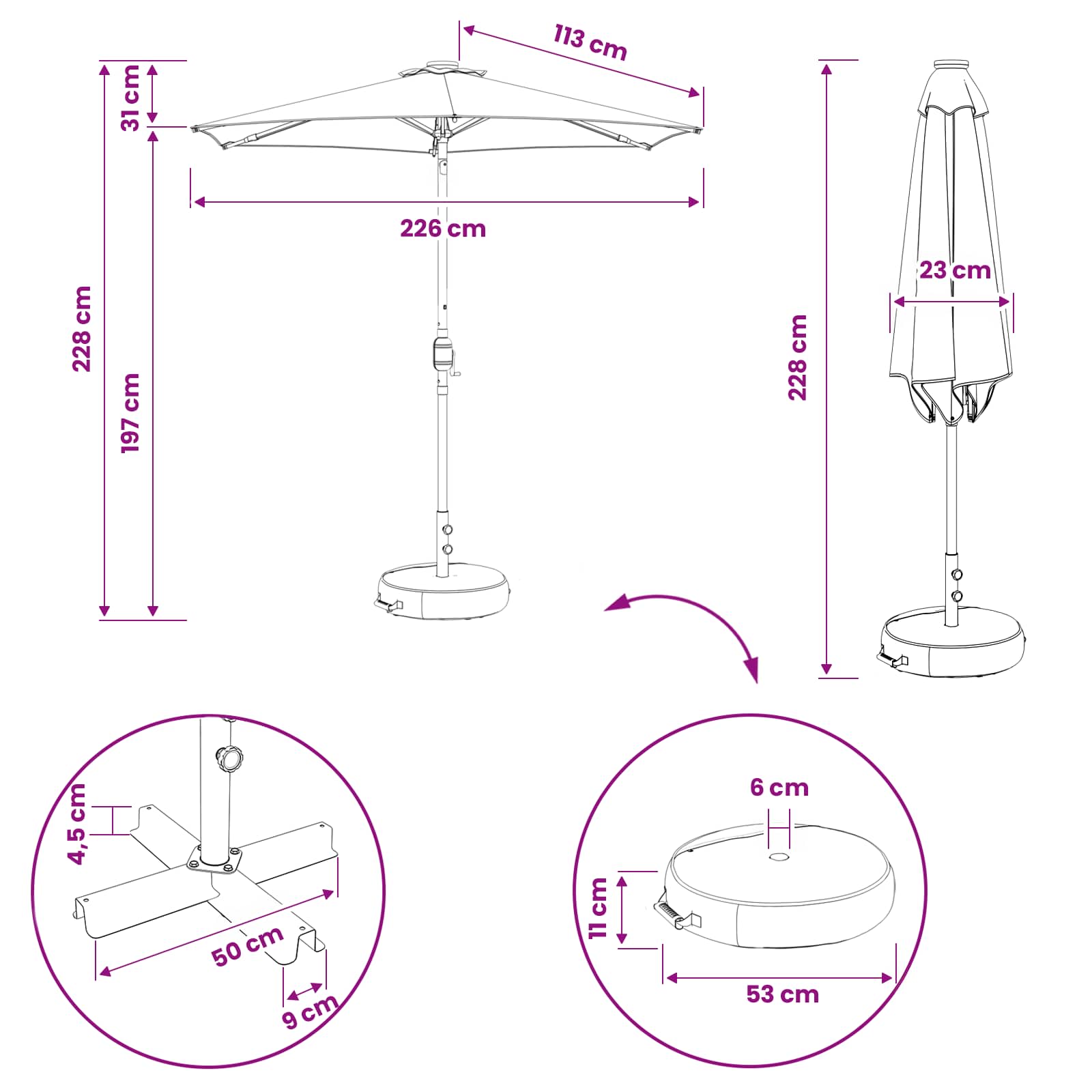 Have Parasol med LED Lygter 230 x 230 cm Polyester Sort