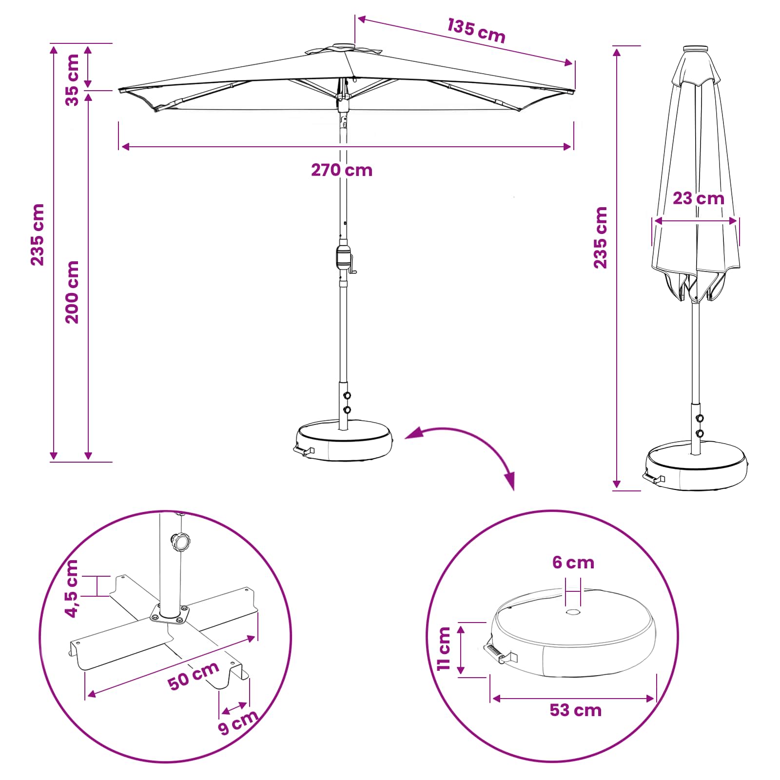 Have Parasol med LED Lygter 270 x 270 cm Polyester Sort