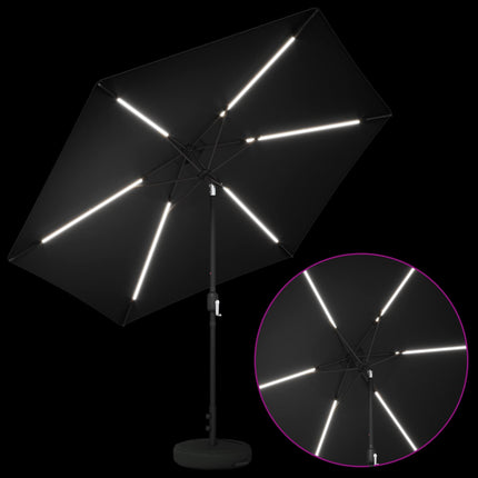 Haveparasol med LED lys og fod 300 x 300 cm Polyester Sort