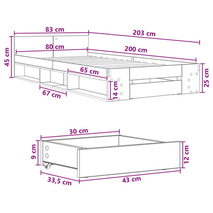 Sengestel med opbevaring med skuffe Gammelt træ 80 x 200 cm