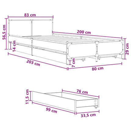 Sengestel med hovedgærde med skuffe Gammelt træ 80 x 200 cm