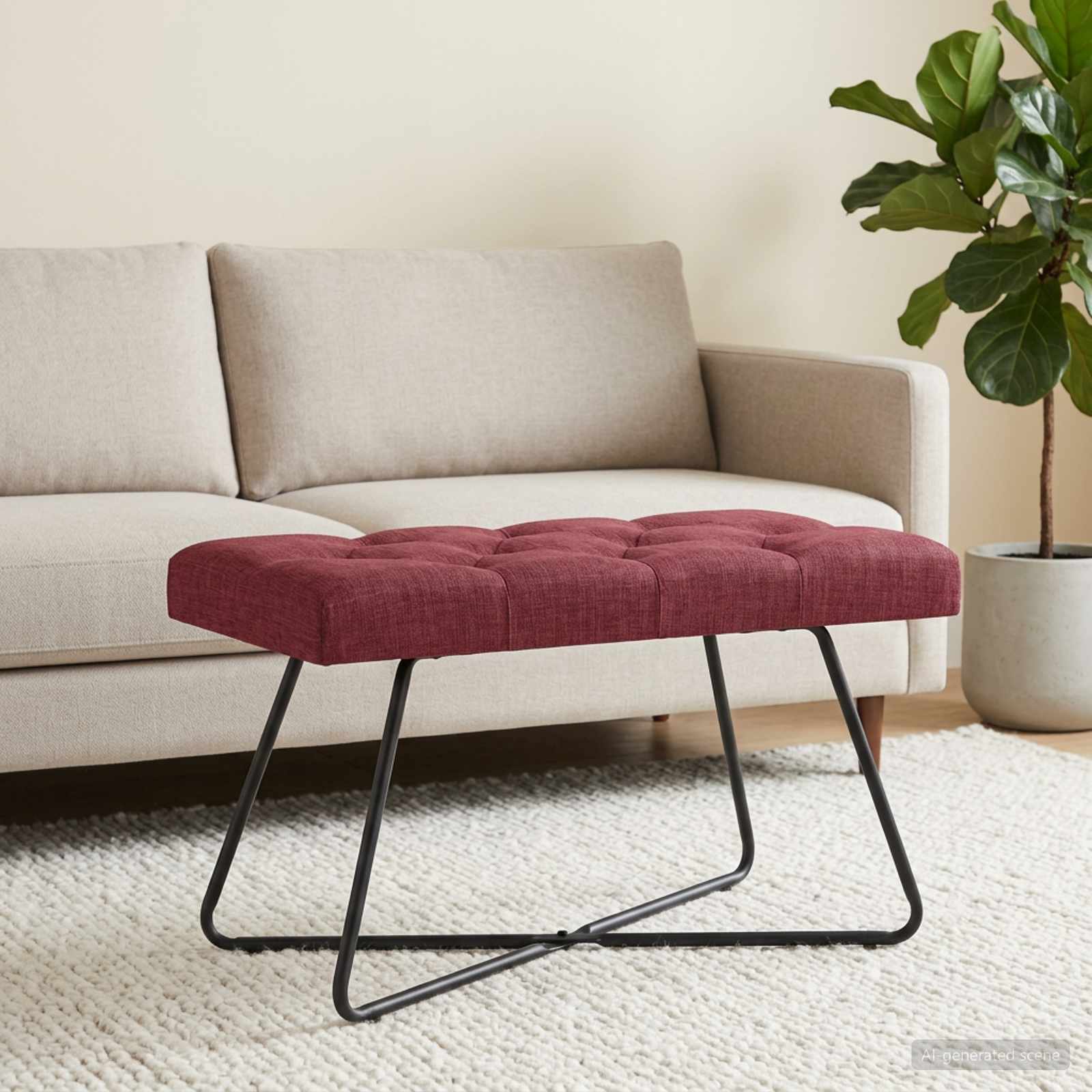 Bænk med knap-tufting i stof - vinrød, 80 × 40 × 46 cm