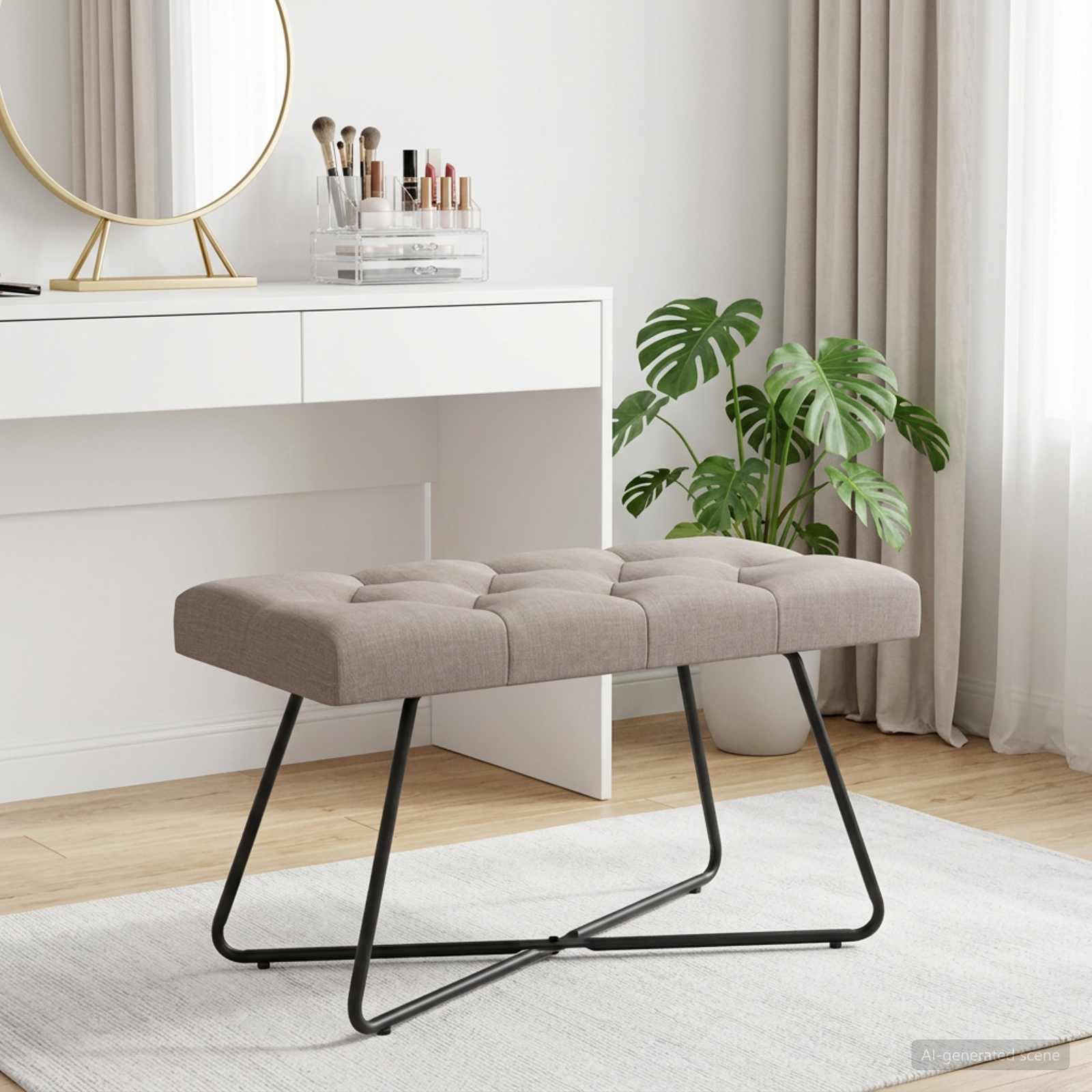 Bænk med knaptuftet sæde i stof - gråbrun, 80 × 40 × 46 cm