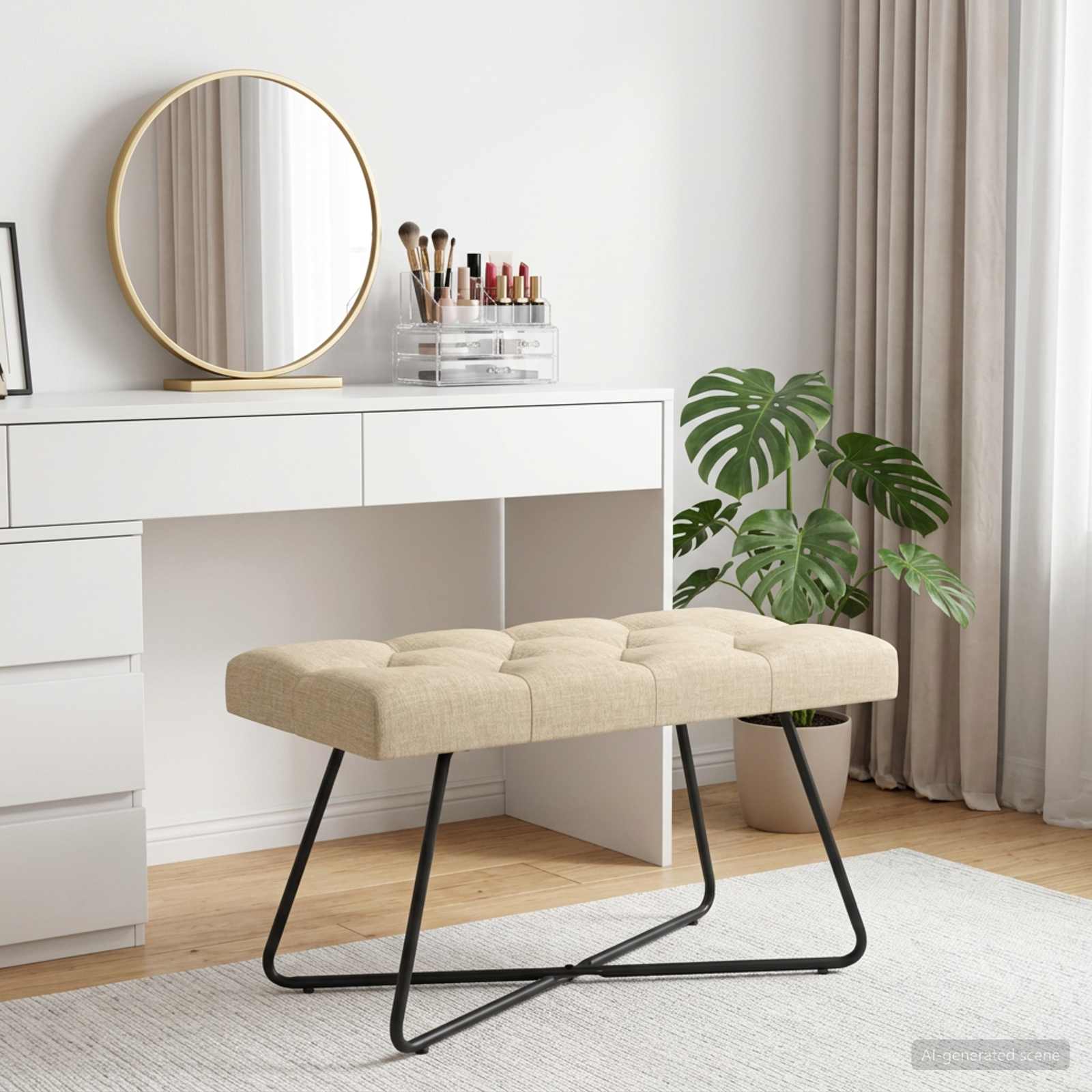 Bænk med knap-tufting - cremefarvet stof, 80 × 40 × 46 cm