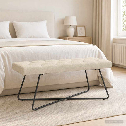 Bænk med knap tufting Cremefarvet 110 x 40 x 46 cm Stof