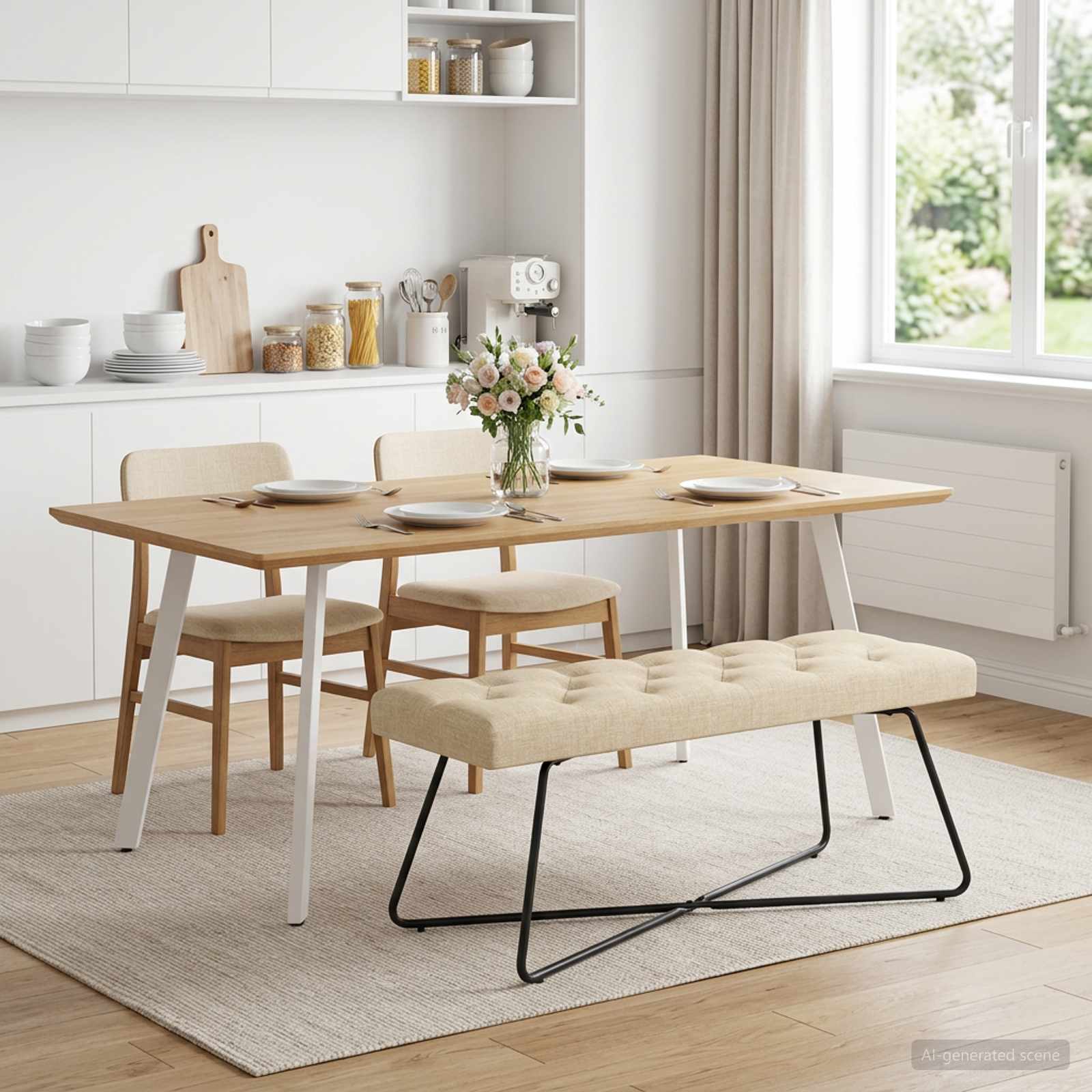Bænk med knap tufting Cremefarvet 110 x 40 x 46 cm Stof billede