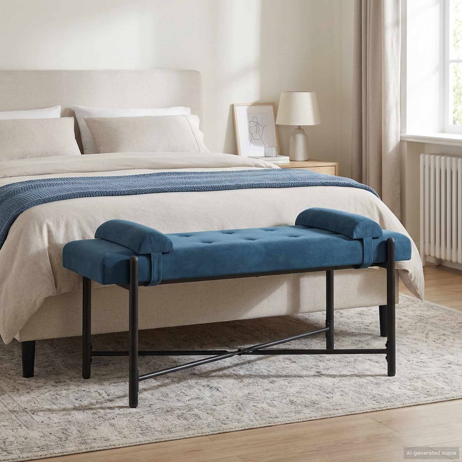 Knappet bænk med puder med pude Blå 110 x 40 x 46 cm Velour