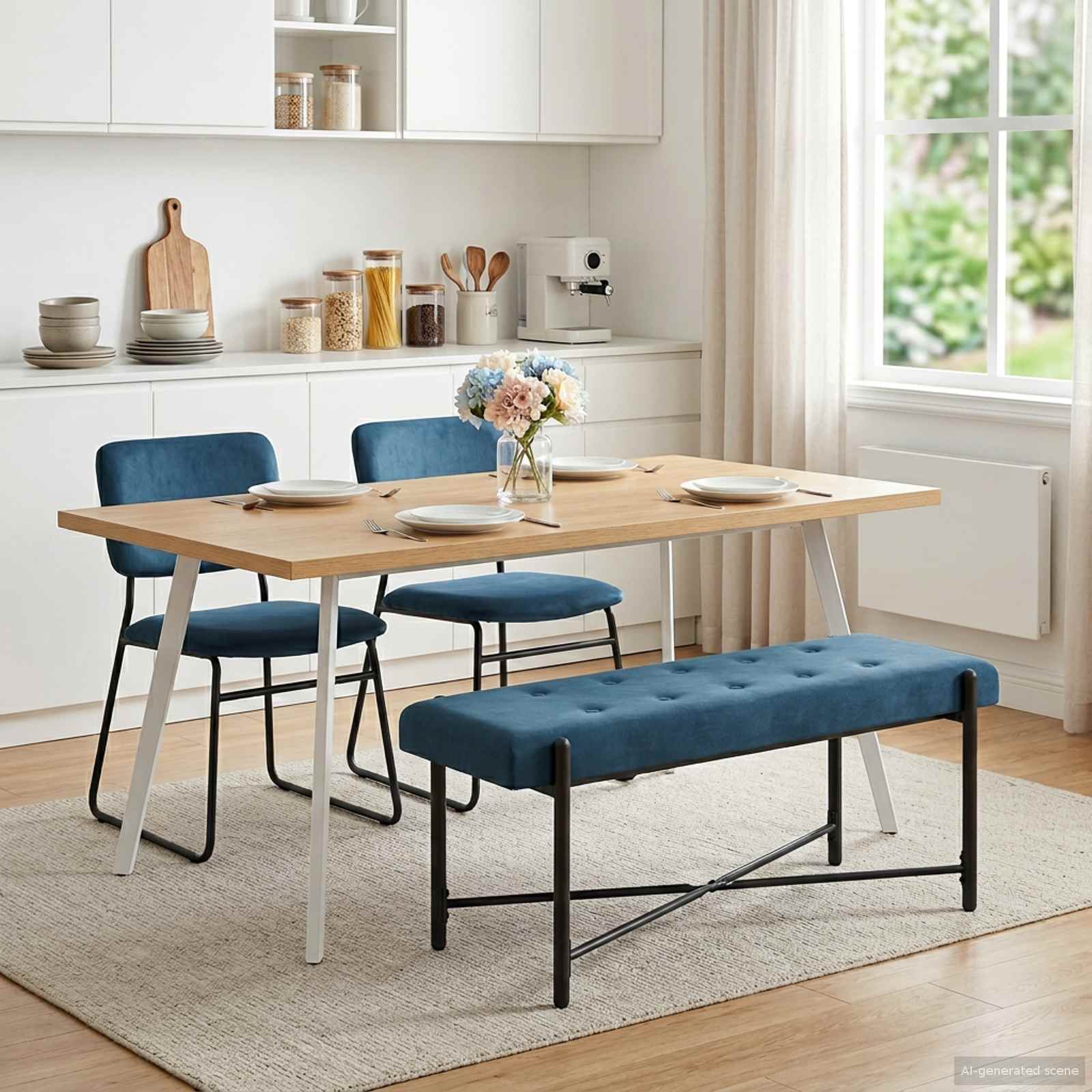 Knappet bænk med puder med pude Blå 110 x 40 x 46 cm Velour