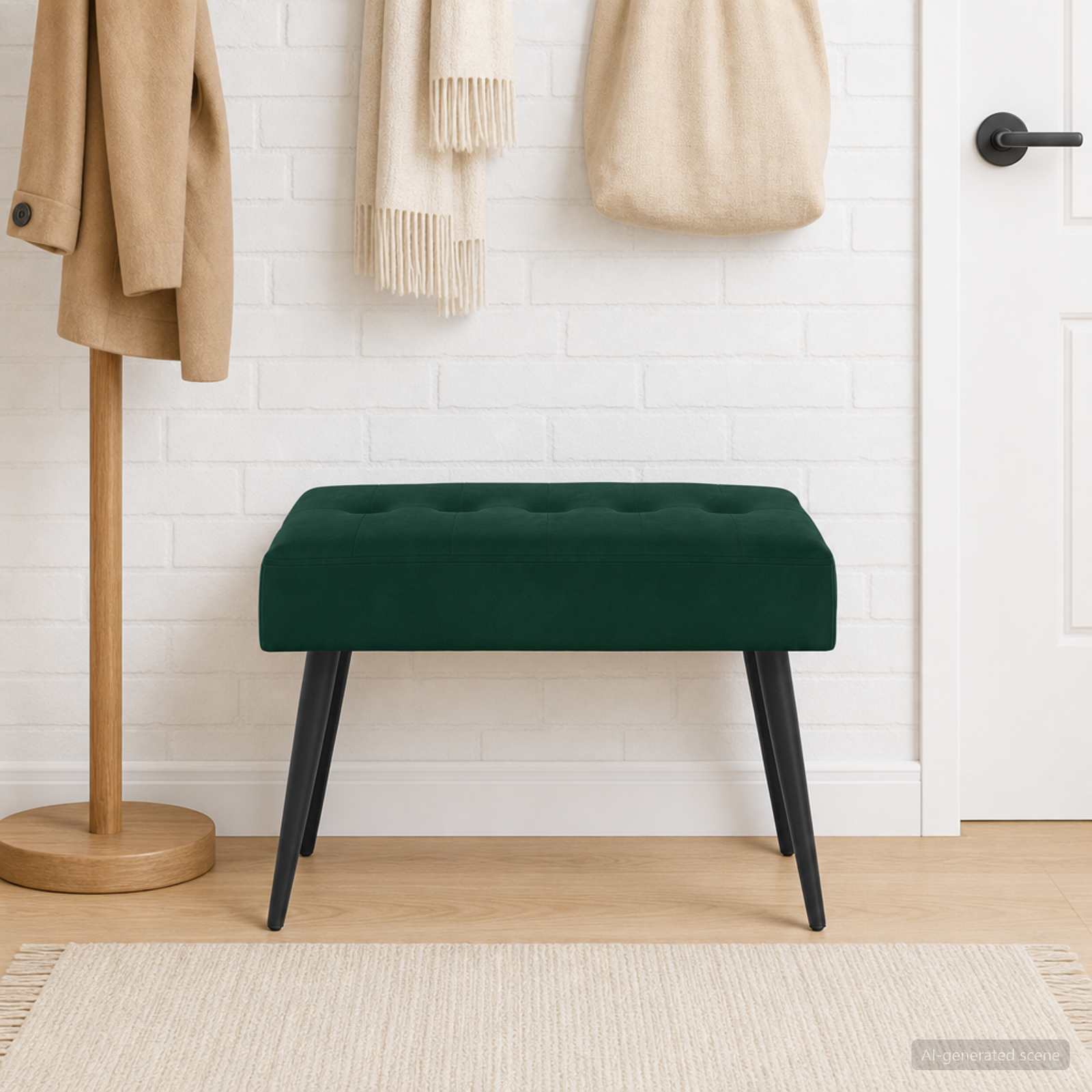 Bænk med knap tufting Mørkegrøn 60 x 40 x 45 cm Fløjl billede