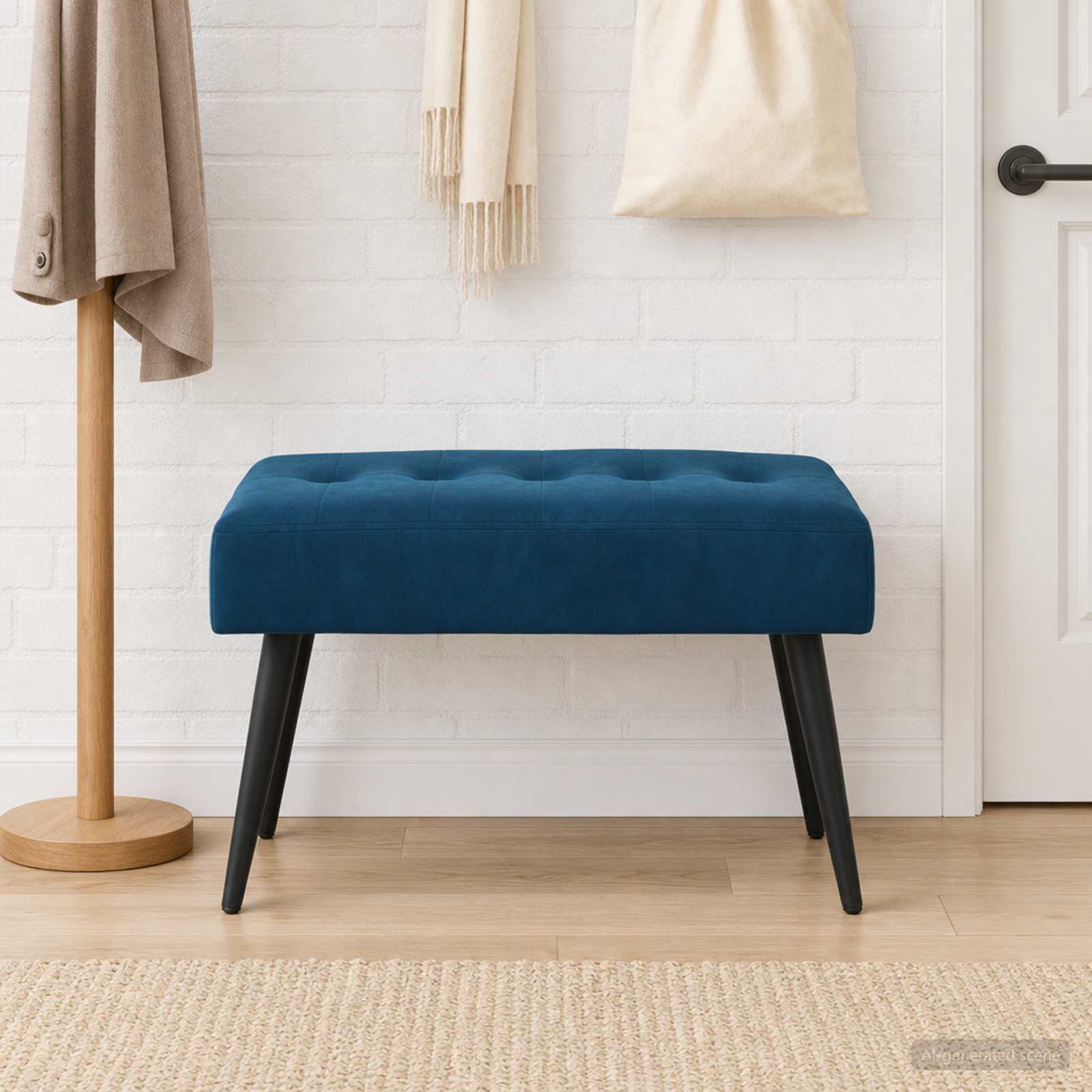 Bænk med knap tufting Blå 60 x 40 x 45 cm Fløjl billede