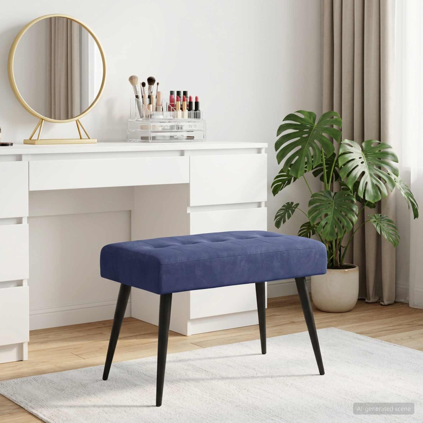 Bænk med knap tufting Politi blå 60 x 40 x 45 cm Fløjl billede