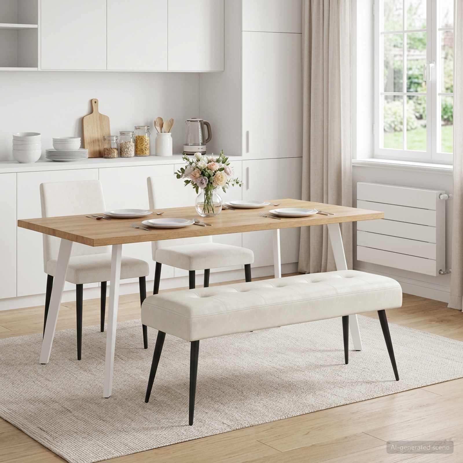 Bænk med knap tufting Cremefarvet 110 x 40 x 46 cm Fløjl billede
