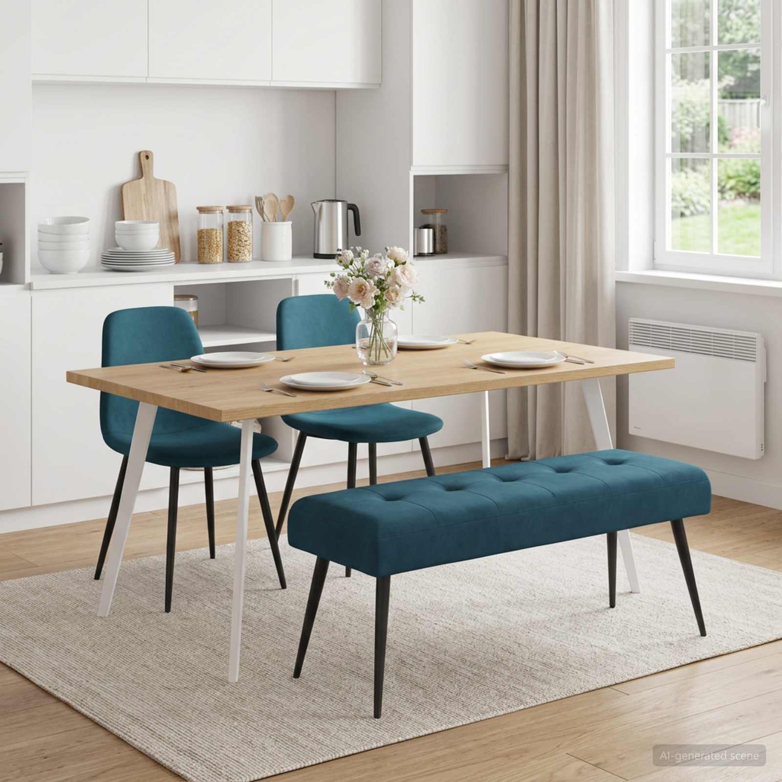 Bænk med knap tufting Blå 110 x 40 x 46 cm Fløjl billede