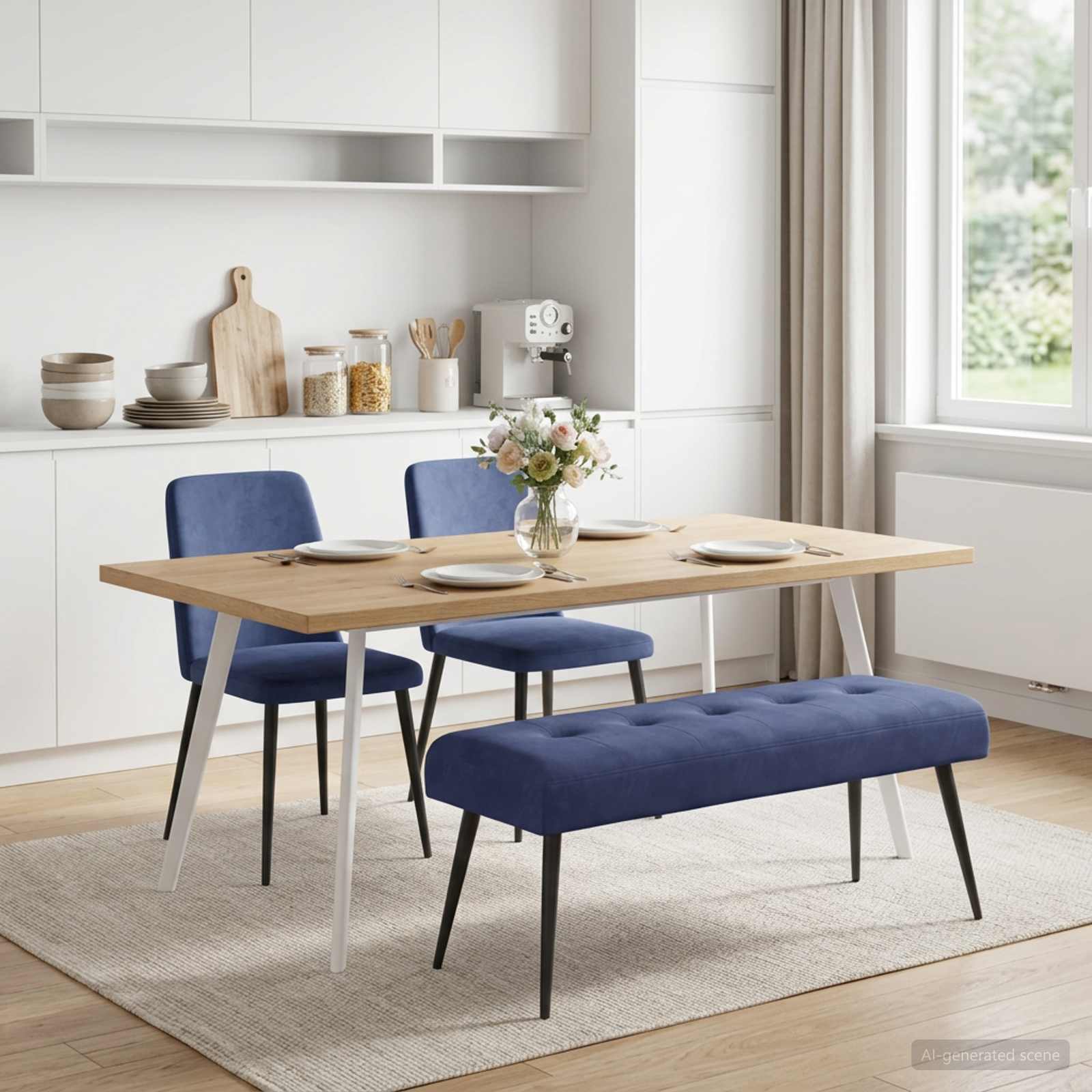 Bænk med knap tufting Politi blå 110 x 40 x 46 cm Fløjl billede